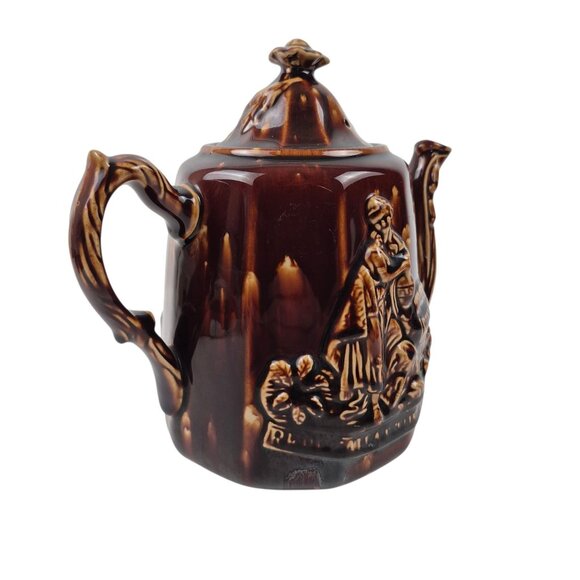 Vintage Rockingham Style Rebekah At The Well Coffee Tea Pitcher Brown Drip Glaze - Picture 4 of 10